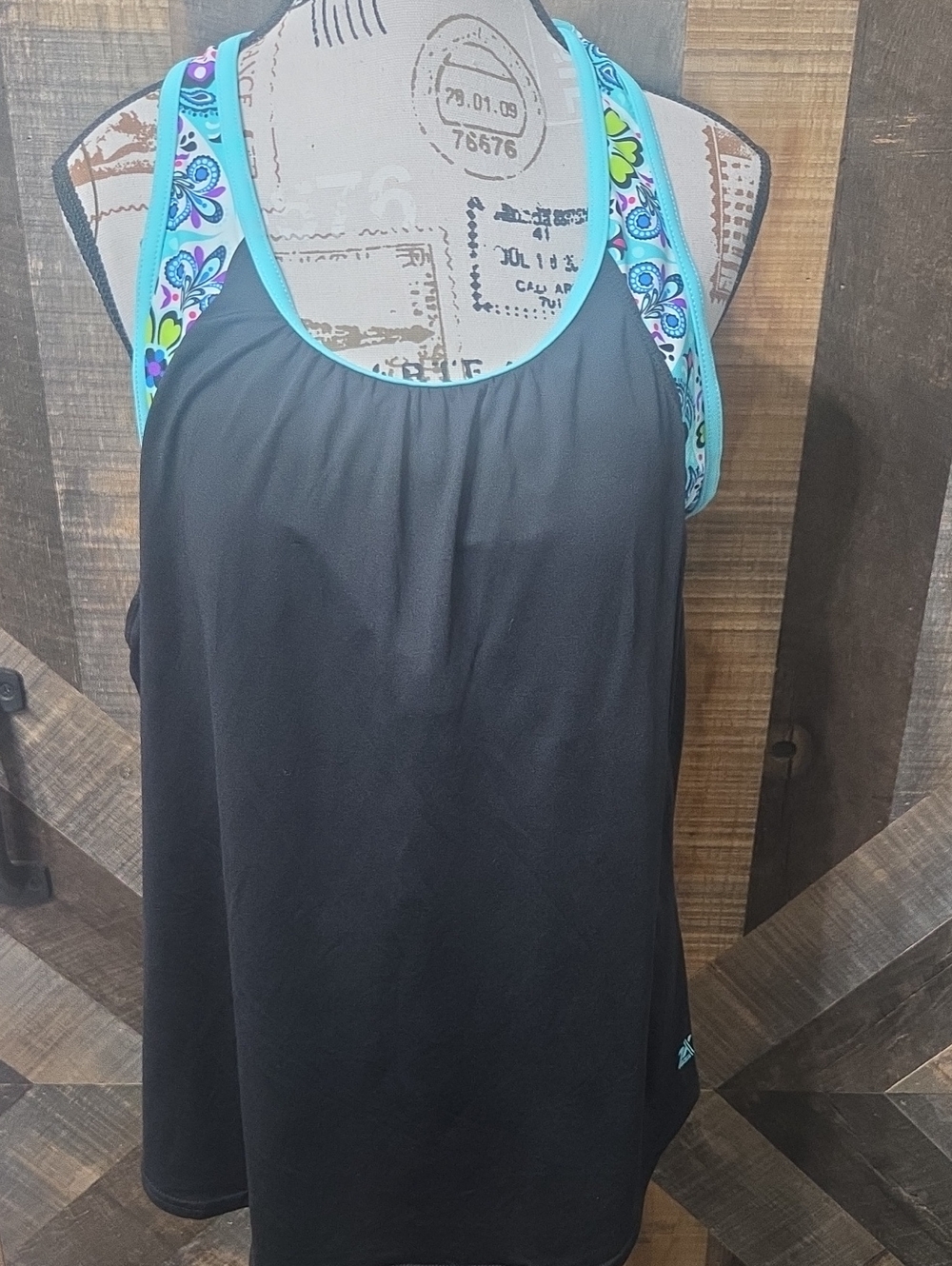 Black Swim Suit Top with Turquoise Floral Straps